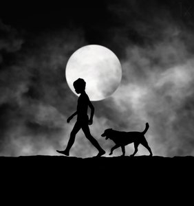 Kind en hond bij maanlicht