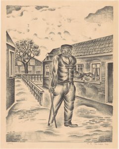 Man met houten been en wandelstok door Henk Henriët (signed by artist)