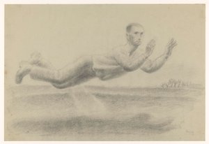 Zelfportret met geheven handen zwevend in een landschap door Henk Henriët (signed by artist)