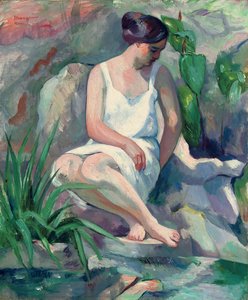 Zittende badster in Cassis (Jeanne) door Henri Charles Manguin