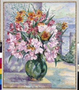 Vaas met bloemen op terras voor de zee 1941 door Henri Charles Manguin