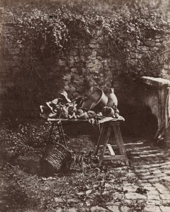 Stilleven: pot, kruik en groenten op een zaagboktafel, ca. 1852 (foto)