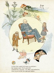 Gravure in "Alphabet des bons exemples". Jules Levy, uitgever. Illustraties door Henri Boulanger, alias Henri Gray. Teksten door mevrouw P. Boulanger. Gravure en druk door Ch. Gillot, 79 rue Madame, Parijs. Rond 1890. Vind in elk beeld het beroemde werk