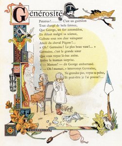 Lettre G Generosite - Gendarme Grue Guepe Godets Giroflee Gourde Grenouille - Gravure in "Alphabet des bons exemples" - Jules Levy, uitgever - Illustraties van Henri Boulanger, alias Henri Gray (1858-1924). Teksten (gedichten) van Mevr. P. Boulanger door Henri (1858 1924) Gray