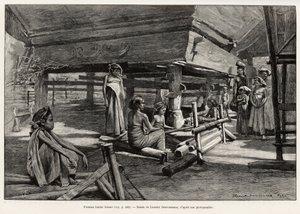 Batak vrouwen, etnische groep uit Noord-Sumatra, aan het weven. Gravure door Laurent Desrousseaux ter illustratie van het verhaal 