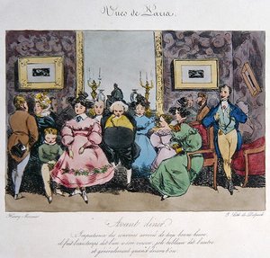 Humoristische weergave van het gedrag en de conversatie van gasten voor het diner, gegraveerd door Francois Seraphin Delpech (1778-1825)