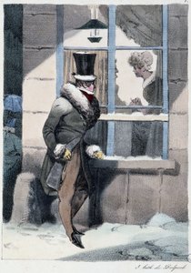Nieuwsgierige man die uit het raam kijkt in een huis: "Iedereen vindt zijn plezier waar hij het vindt" - in "Les pastemps" door Henri Monnier, ed. Delpech, Parijs door Henri Bonaventure Monnier