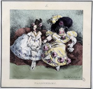 Lelijke vrouwen die "tapisserie" maken zittend in een woonkamer - in "Parisiennes" door Henri Monnier, ed. Delpech, Parijs door Henri Bonaventure Monnier