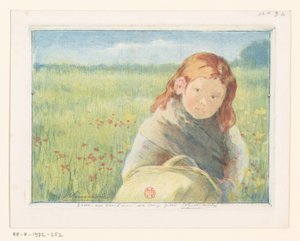 Meisje met mand in een bloemenweide door Henri Charles Guérard (signed by artist)
