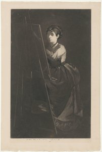Portret van Eva Gonzalès voor een schildersezel