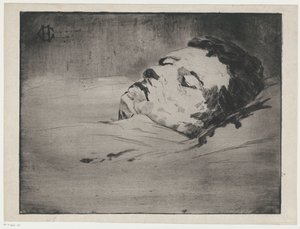 Portret van een onbekende man op zijn sterfbed door Henri Charles Guérard (signed by artist)