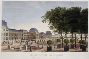 Tuin en Kasteel des Tuileries gezien vanaf het terras van Les Feuillans. Gravure door Courvoisier
