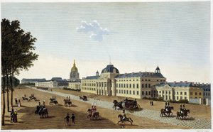 Uitzicht op de Militaire School aan de kant van Champs de Mars, circa 1820 - in "Vues de Paris" door Courvoisier