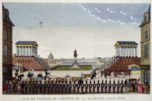 Uitzicht op de passage van de stoet van zijn majesteit Lodewijk XVIII op 3 mei door Henri Courvoisier Voisin