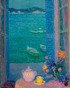 Bloemenboeket bij het raam, Villefranche-sur-Mer door Henri Eugene Augustin Le Sidaner
