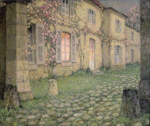 Huis met rozen bij schemering, ca. 1928 door Henri Eugene Augustin Le Sidaner