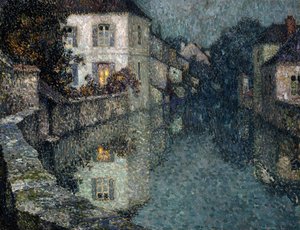 Huizen aan het kanaal, Nemours door Henri Eugene Augustin Le Sidaner