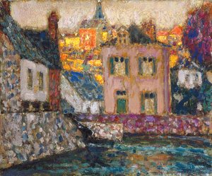 Studie voor huizen aan de rivier bij Fougères door Henri Eugene Augustin Le Sidaner