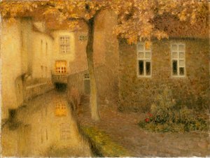 Een kanaal in Brugge bij schemering door Henri Eugene Le Sidaner