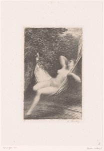 Sara schommelt naakt in een hangmat boven het water door Ignace Henri Jean Fantin Latour