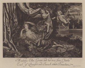 Nell Gwyn en haar twee zonen, Charles, Graaf van Burford, en James, Lord Beauclerk (gravure)
