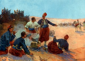 Verovering van Algerije: bivak van zouaven van het Franse leger onder bevel van Generaal Bugeaud tijdens de opstand van Abd el-Kader, juni 1836 door Henri Gaston Darien
