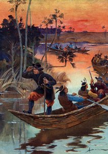 René Robert Cavelier de La Salle (1643-1687), Franse ontdekkingsreiziger en zijn metgezellen dalen de Mississippi-rivier af voor Frankrijk