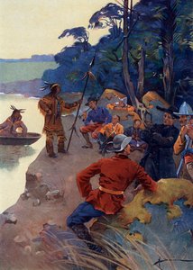 De eerste Europese kolonisten aan de oevers van de Saint Lawrence rivier, huidig Quebec 16e-17e eeuw door Henri Gaston Darien