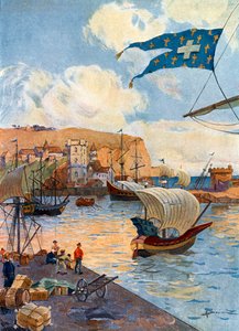 Uitzicht op de stad Dieppe in Normandië ten tijde van de Franse ontdekkingsreiziger Jean Cousin, eind 15e eeuw. Illustratie door Gaston Henry Darien (1864-1926) uit 