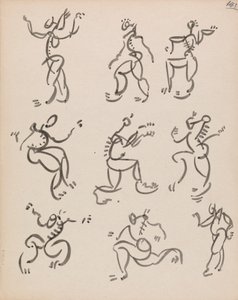 Negen dansende figuren, in drie registers