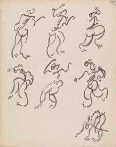 Zeven dansende figuren, in drie registers