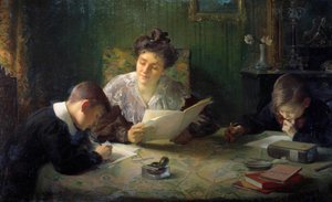 Huiswerk. Een moeder helpt kinderen met hun huiswerk. Schilderij door Henri Jamet (1858-1940) 20e eeuw Orleans, Musee des Beaux Arts