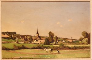 Een Uitgestrekt Landschap met een Ploeger en een Dorp in de Verte