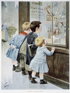 De verleiding: kinderen voor een etalage die naar speelgoed kijken - geïllustreerd door Geoffroy, in 