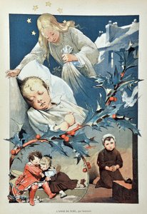De engel van Kerstmis. Illustratie door Jean GEOFFROY (1853-1924) Gravure van 1887 in "Paris-Illustrous journal weekly".
