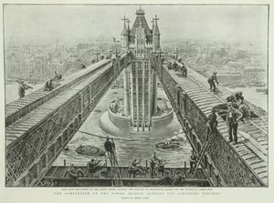 De voltooiing van de Tower Bridge: de laatste hand leggen, uit The Graphic, 23 juni 1894 (gravure) door Henri Lanos