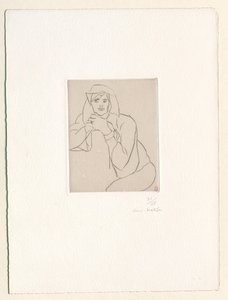Jonge vrouw, met de handen gevouwen op de rugleuning van een meubel door Henri Matisse