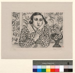 Meisje dat met haar elleboog op het kamerscherm leunt: meisje met een boeket bloemen door Henri Matisse