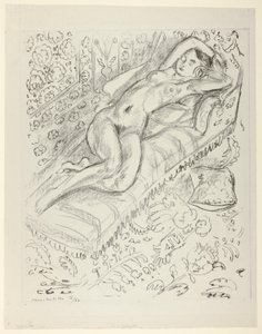 Rustend naakt op een chaise longue met mashrabiya-achtergrond door Henri Matisse