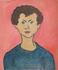 Portret met krullend haar, marineblauwe sweater door Henri Matisse