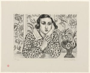 Jong meisje leunend bij gebloemd scherm door Henri Matisse