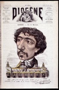 Cartoon van Charles Garnier, zittend op zijn werk, de Opera Garnier - in "Diogenes" van 02/11/1867 door Henri Meyer