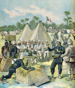 Distributie van alcohol aan koloniale troepen in Dahomey door Henri Meyer