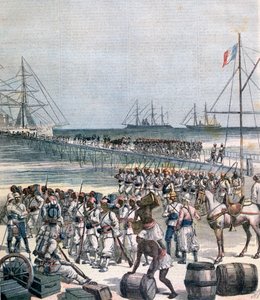 Landing van de Senegalese troepen aan de nieuwe kade in Cotonou, Benin, 1892 door Henri Meyer