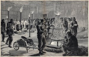 Het nachtverblijf van het paleis van de liberale kunsten op het Champ de Mars in 1891 - tekening door Henri Meyer, gravure door Navellier in 