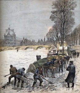 Parijs onder de sneeuw in 1895 Kleine krant van 1895 (gravure) door Henri Meyer