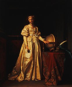 Een Dame in een Interieur, in een Gele Satijnen Jurk, met een Wereldbol op een Tafel naast haar, Rouwend om de Afwezigheid van haar Echtgenoot door Henri Nicolas van Gorp