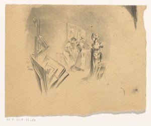 Drie vrouwen bekijken prenten in een atelier door Henri Patrice Dillon (possibly)