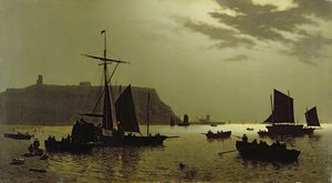 Scarborough Castle Hill en haven bij maanlicht, 1876