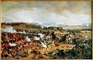 De Slag bij Waterloo 1815 - Franse cavaleristen vallen Schotse Hooglanders aan ... (schilderij op canvas)